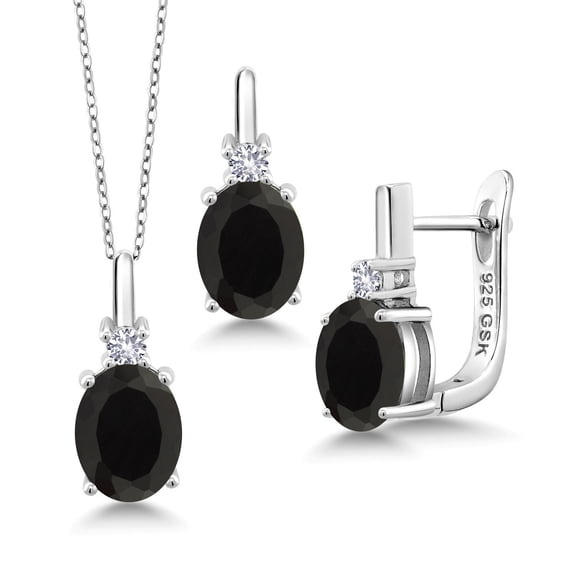 Gem Stone King 925 Sterling Silver Black Onyx and White Created Sapphire Pendant and Earrings Jewelry Set for Women (6.05 Cttw, Gemstone Birthstone, with 18 inch Silver Chain)