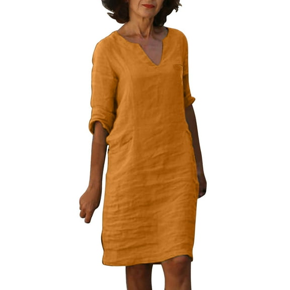 HJYCHN Women's V Neck Linen Mini Dress Fashionable Comfortable Casual Short Sleeve Outfit Orange L