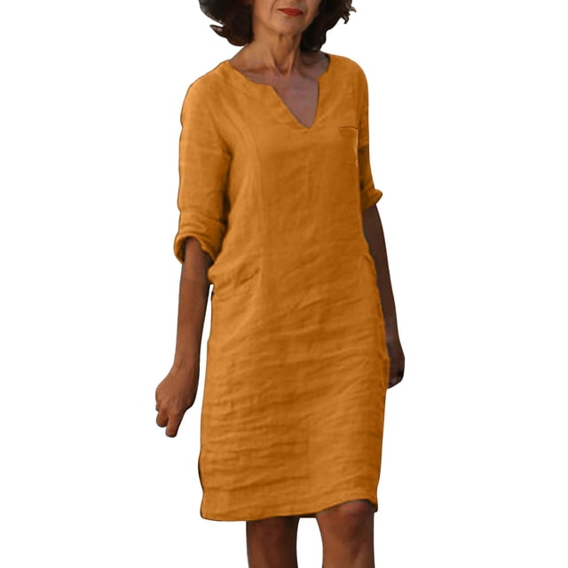 Kcodviy Robe Maxi pour Femmes, Adaptée et Confortable, Robe à Col en V à Manches Mi-Longues pour Femmes, Décontractée et en Lin, Courte Mini, Robe à Boutons devant
