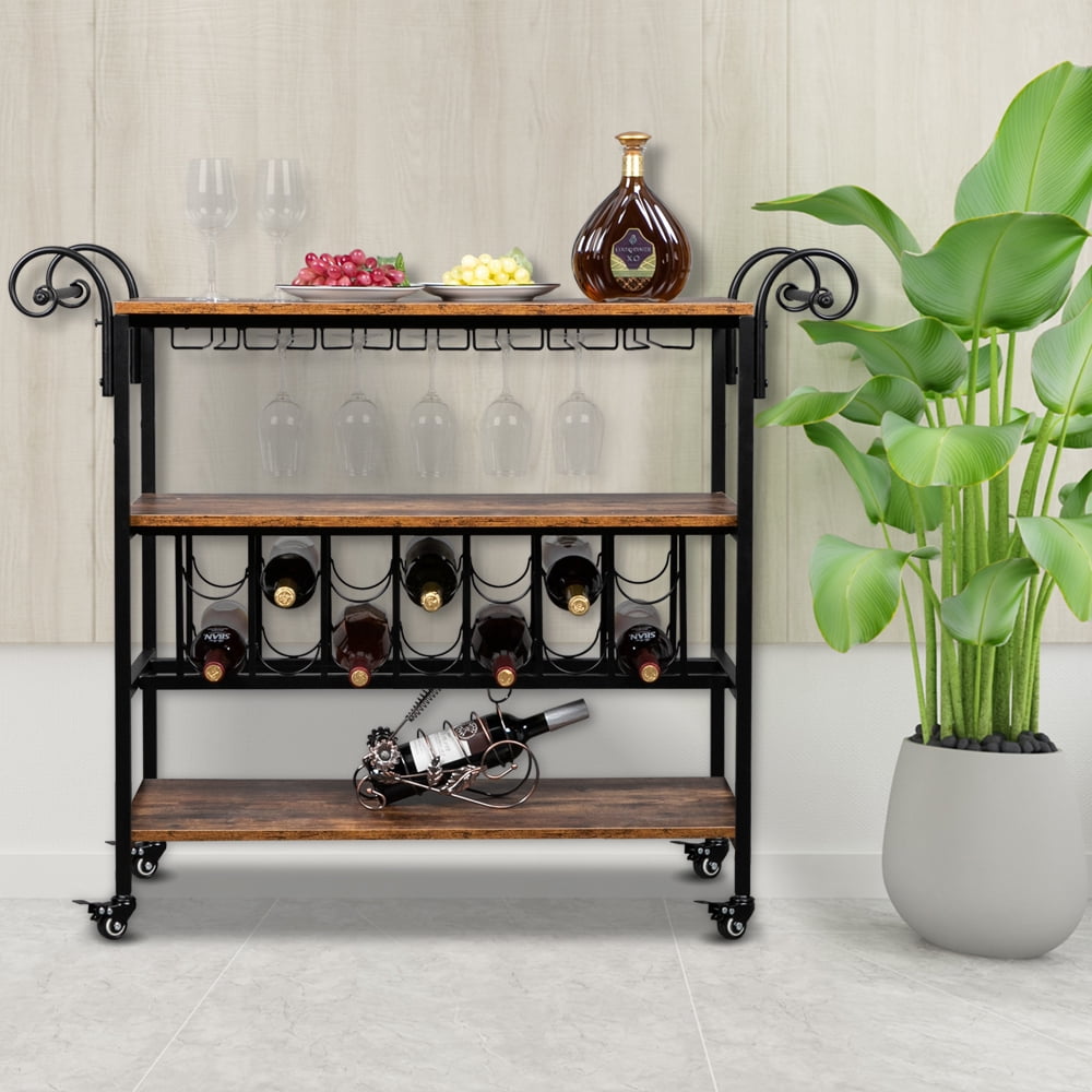 Kepooman Three-Layer Double-Armrest Small Wave Wine Bottle Layer 1.5mm Thick Density Board Fire Pattern Removable Iron Wood Craft Wine Cart Kepooman Three-Layer Double-Armrest Small Wave Wine Bottle Layer 1.5mm Thick Density Board Fire Pattern Removable Iron Wood Craft Wine Cart