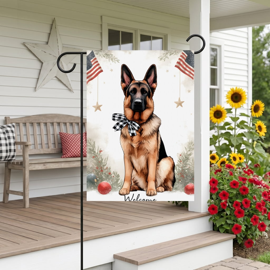 250 garden flag a german shepherd dog sitting in front of a christmas tree Welcome july fourth 28x40 Inch Vertical Banner americana home decor