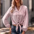 thumbnail image 2 of Camisa a rayas con cuello en V y dobladillo anudado a rayas verticales, Top corto con lazo de fibra de poliéster para mujer, fiesta al aire libre, rojo vino L, 2 of 6