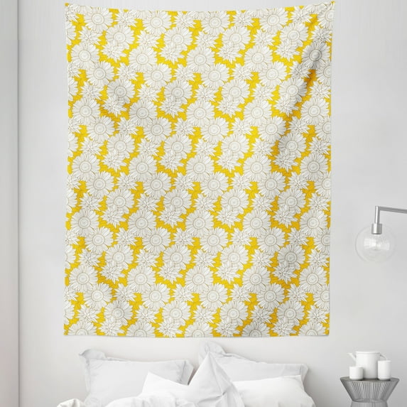 Yellow and White Tapestry, Doodle Style Exotic Garden Foliage with Chamomiles and Lines, Fabric Wall Hanging Decor for Bedroom Living Room Dorm, 5 Sizes, Yellow White and Brown, by Ambesonne