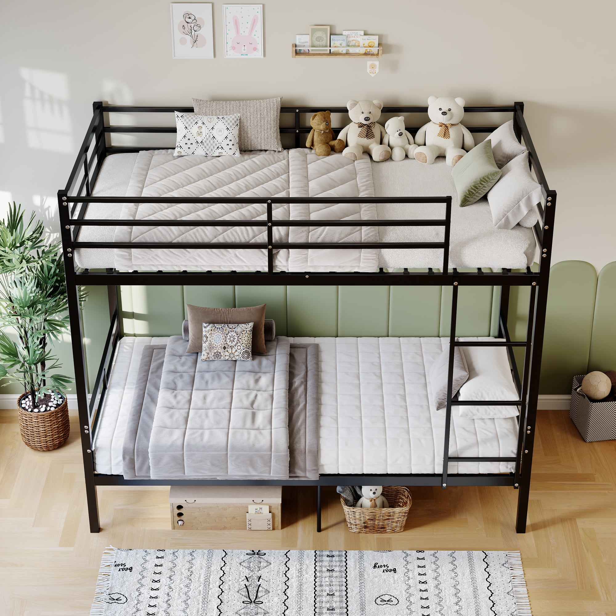 Twin Over Twin Metal Bunk Bed with High Guardrail & Ladder, Noise Free with Storage Space