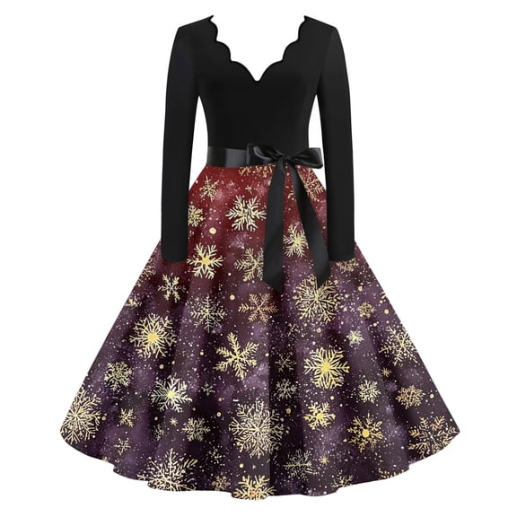 Women's Casual Fashion Christmas Holiday Print V-Neck Vintage Dress for Retro Style Holiday Parties and Casual Outings,Red,S
