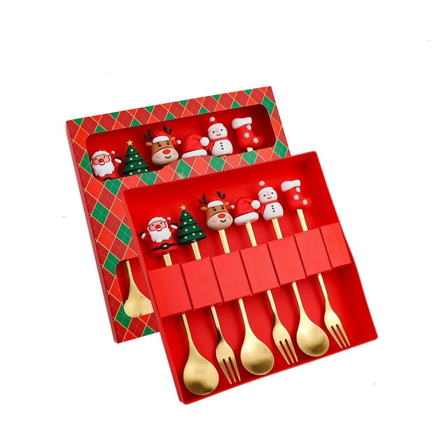 Leutsin Christmas Spoon Christmas Dessert Spoon Fork Stainless Steel Tableware Set Cute Doll with Hand Gift
