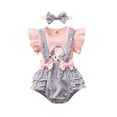 thumbnail image 1 of Qmyliery Baby Girls Three Pieces Clothes Outfit, Round Neck Fly Sleeve Tops + Milk Cow Printed Suspender Shorts + Headband,3 -24 Months, 1 of 9