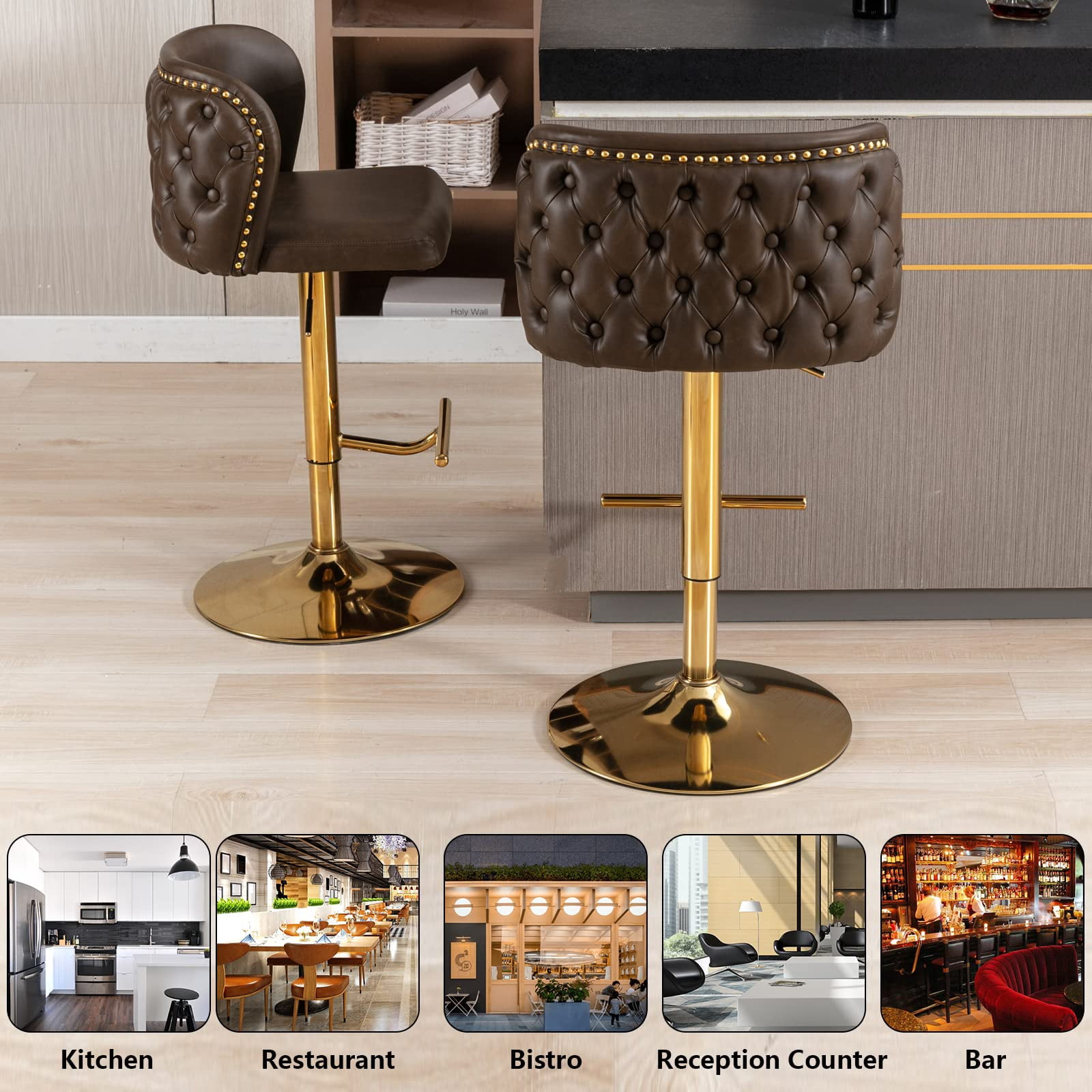 DONICK Swivel Counter Height Barstools,Upholstered Bar Stools Adjustable Height Nailhead Button Tufted Kitchen Island (PU,Brown,Set of 6)
