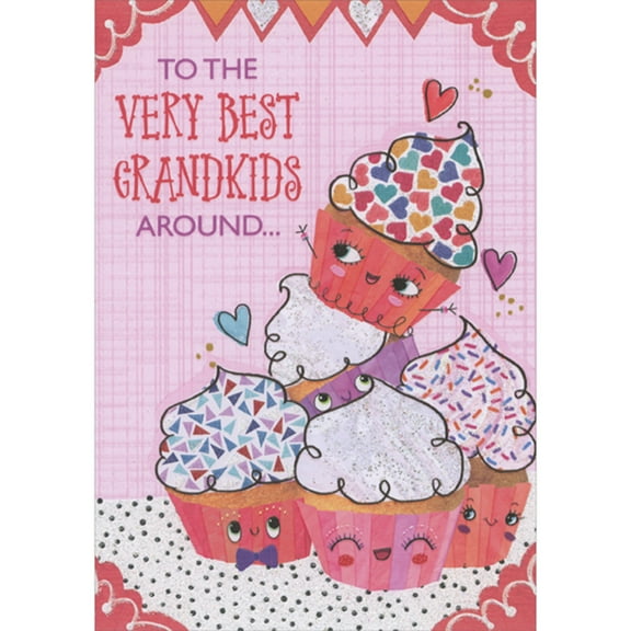 Designer Greetings Five Cute Smiley Faced Sparkling Cupcakes on Polka Dot Base Juvenile Valentine's Day Card for Grandkids