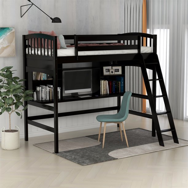 Sentern Pine Wood Loft Bed with Desk, Twin, Espresso
