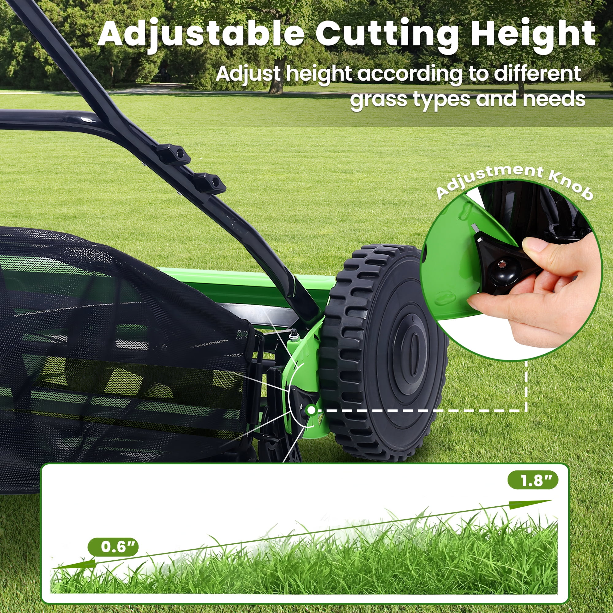 Seizeen Push Lawn Mower, 14-Inch 5-Blade Real Lawn Mover with Grass Catcher, 0.6’’-1.8’’ Height Adjustable Manual Lawn Mower with Bag, Green