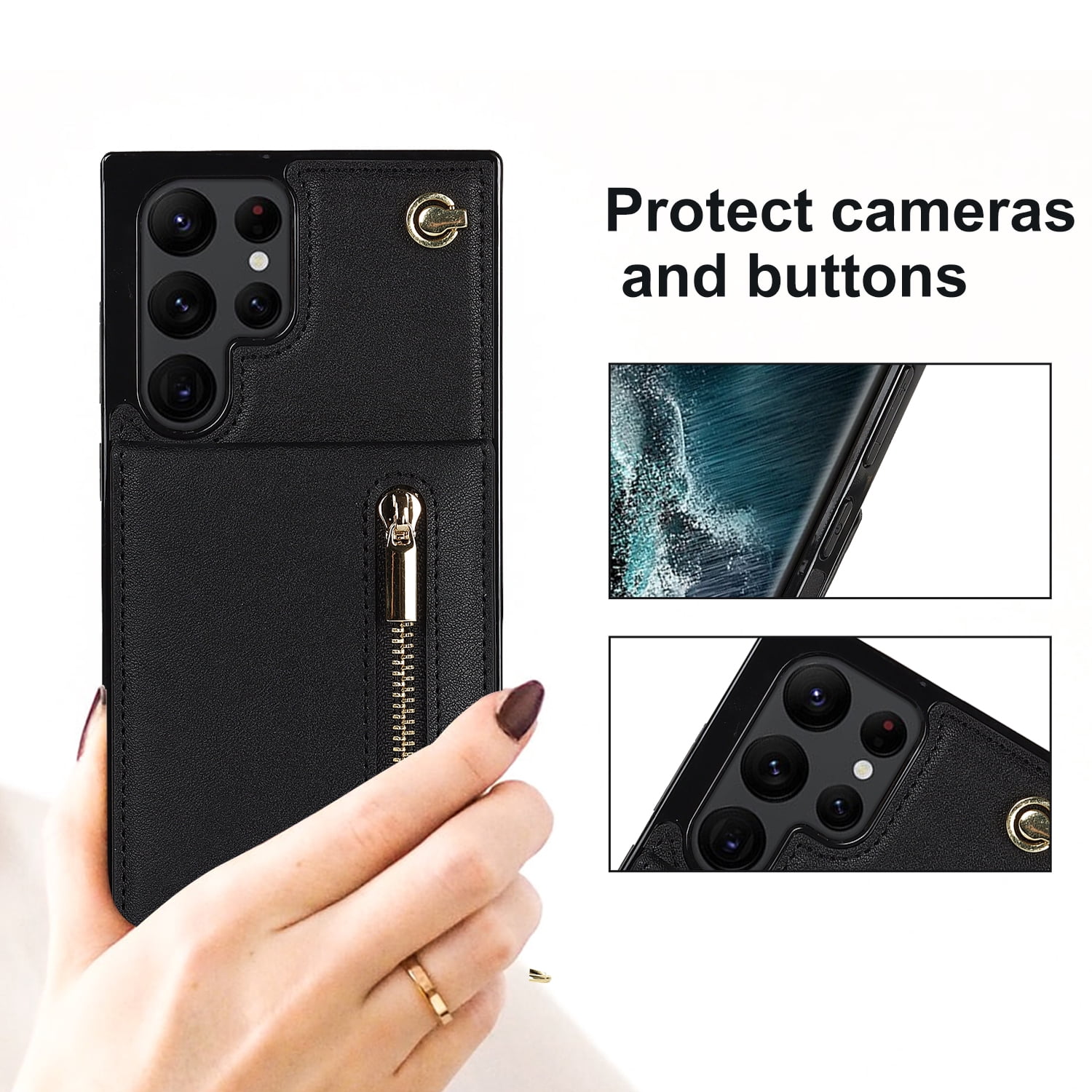 Dteck Flip Leather Wallet Case for Samsung Galaxy S24 Ultra, Crossbody Wallet Case with Credit Card Holder Zipper Pocket Lanyard Shoulder Strap, Kickstand Phone Cover for Samsung S24 Ultra,Black