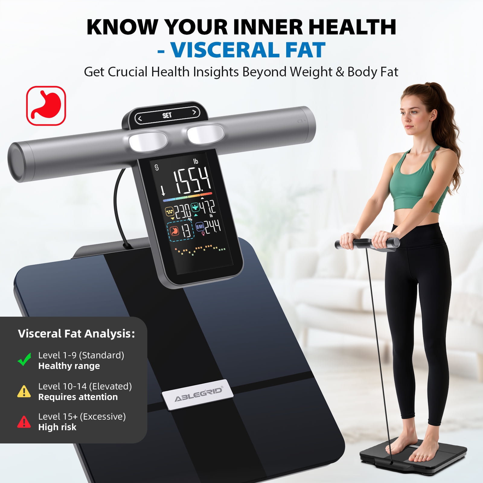 ABLEGRID Scale for Body Weight and Fat Percentage, 8-Electrode Smart Body Fat Scale, Large Display Digital Weight  Scale, 26 Body Composition Metrics BMI with Fitness App, 400lb, Black