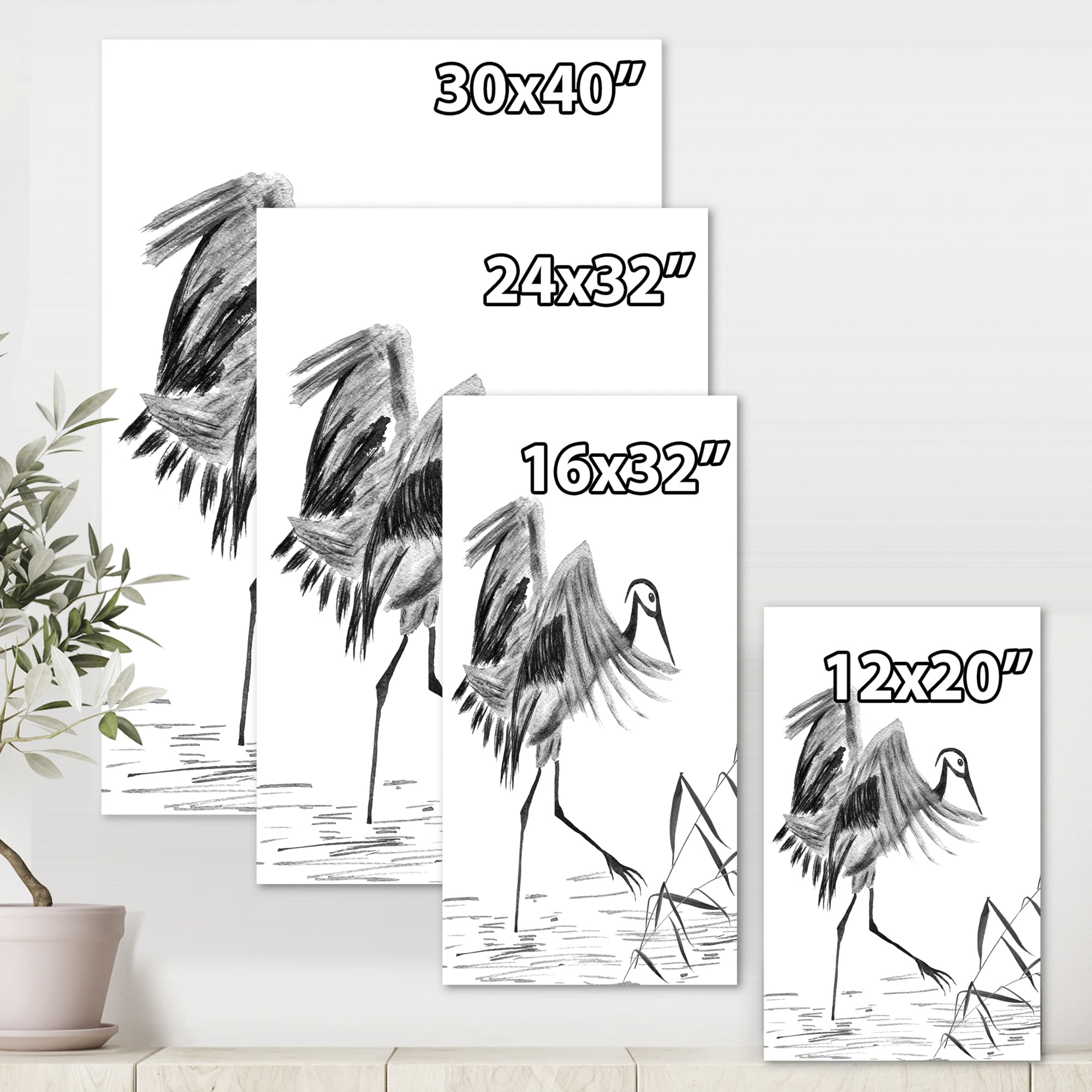 Designart ' Monochrome Japanese Oriental Crane Bird ' Traditional Canvas Wall Art Print