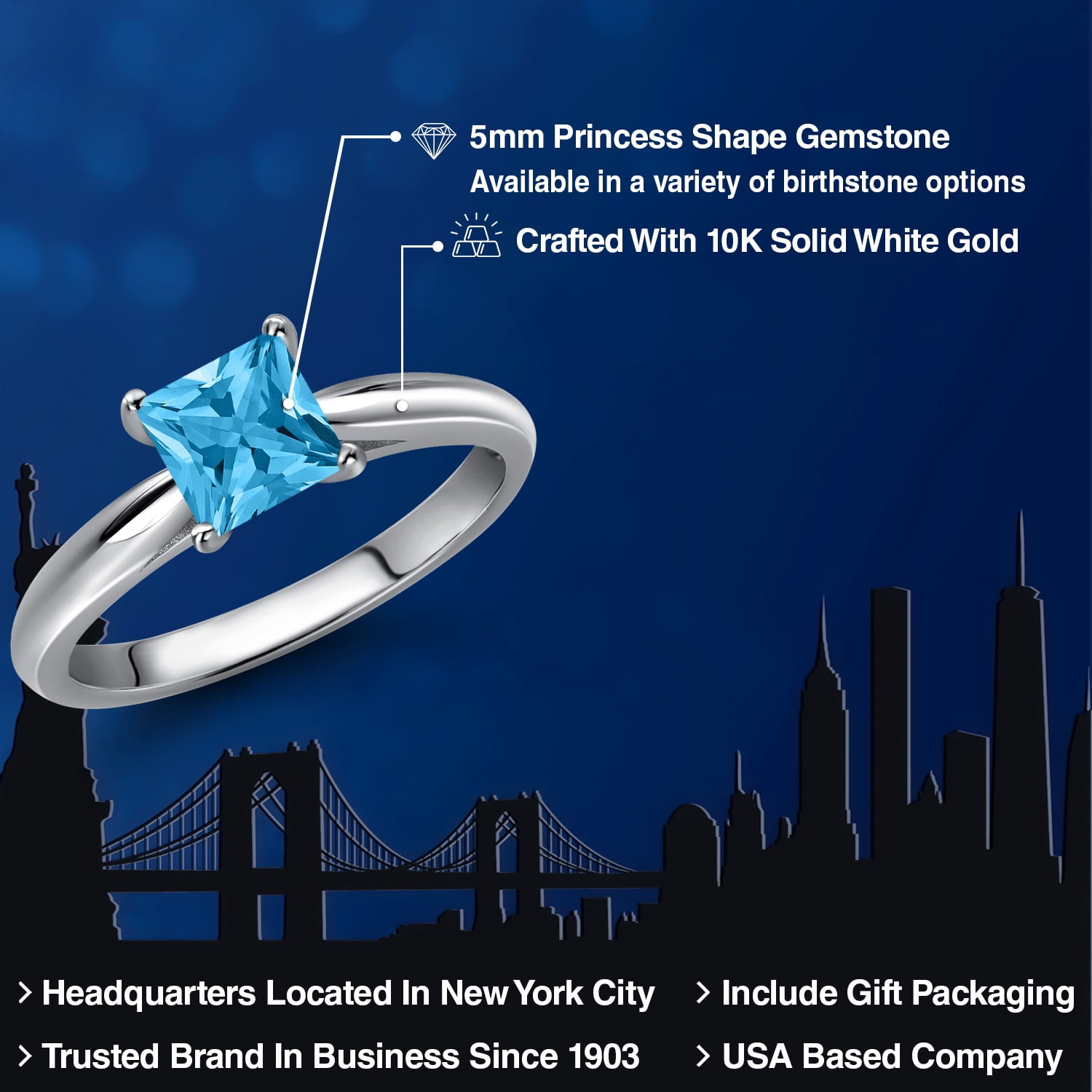 Gem Stone King 10K White Gold Swiss Blue Topaz Engagement Ring for Women | 0.80 Cttw | Princess 5MM | Gemstone November Birthstone | Size 6