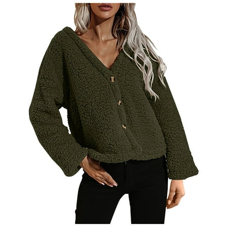 

QJYINGYI Long Sleeve V-Neck Blouses & Shirts Corset Tops For Women WOMA13212 Ladies Big V-Neck Solid Color Long Sleeve Fashion Button Plush Jacket Top Army Green L