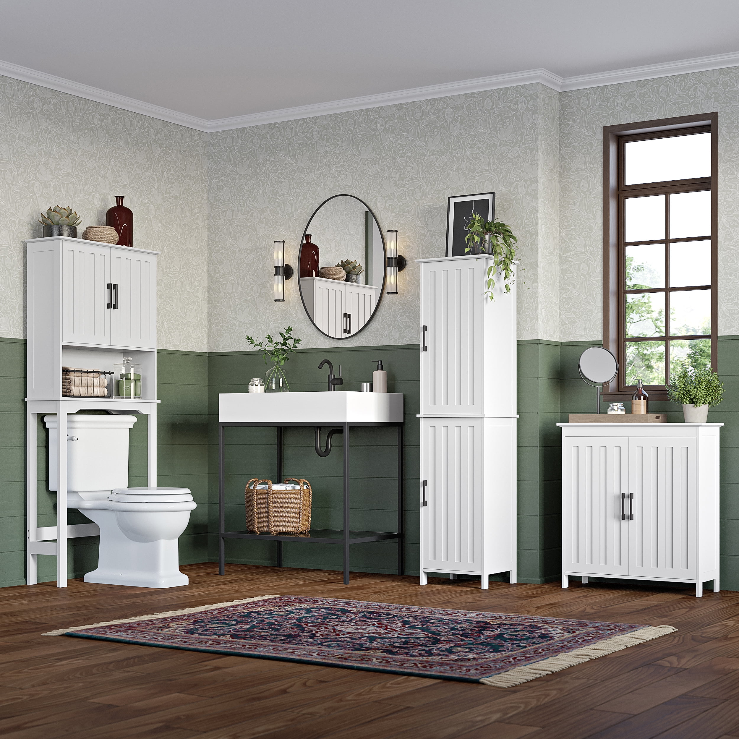 RiverRidge Monroe 2-Door Bathroom Linen Storage Cabinet and Laundry Shelf Organizer- White