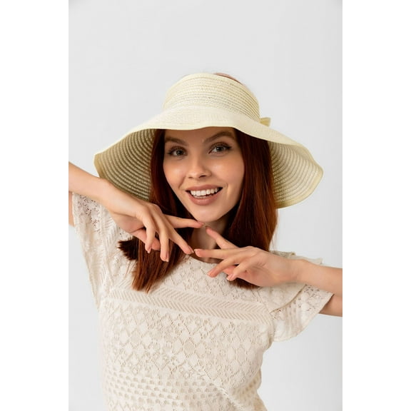 LaModaHome Women’s Wide Brim Sun Visor Hat – Foldable Straw Beach Hat with Ribbon, UPF Protection, Packable Travel Hat – Cream Color
