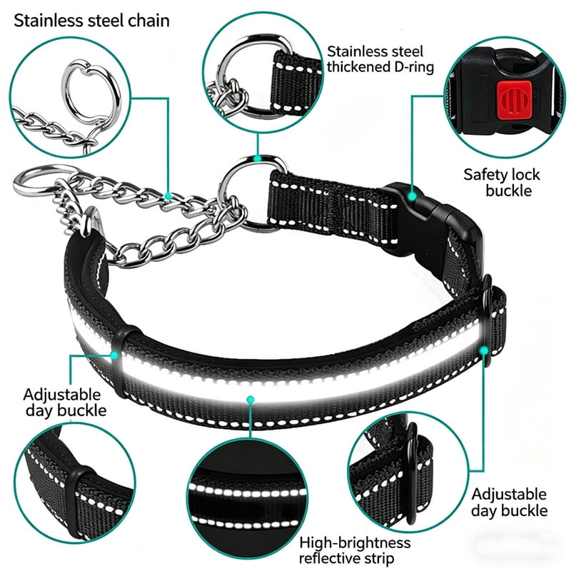 Martingale Dog Collars, Reflective Nylon Collar with Stainless Steel Chain, Adjustable Walking Training Dog Collars with Quick Release Buckle, Suitable for Small Medium Large Dogs