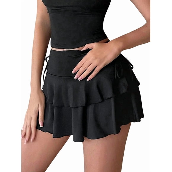 Pleated Short Skirts for Women Mini Ruffle Skirt Y2k Flowy High Waisted Skirt Stretchy Layered Skirt