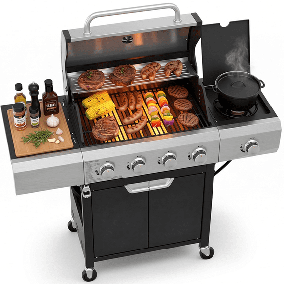 4-Burner Propane Gas Grill with Side Burner, Stainless Steel BBQ for Patio, 452 sq in Cooking Area, Lockable Casters & Enamel Adjusters
