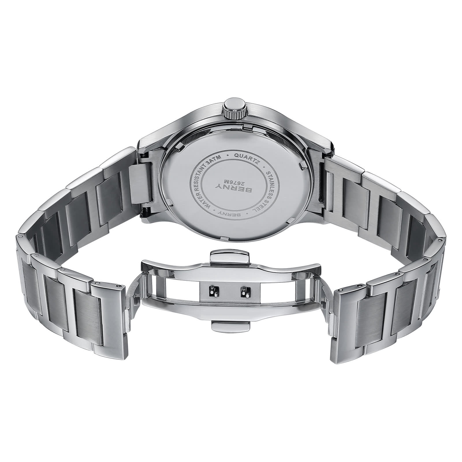 BERNY Quartz Watch for Men, Fashion Sports Wrist Watches with Solid Stainlesss Steel Case & Band, Date & Day Calendar, Casual Waterproof Men's Watches, Gray