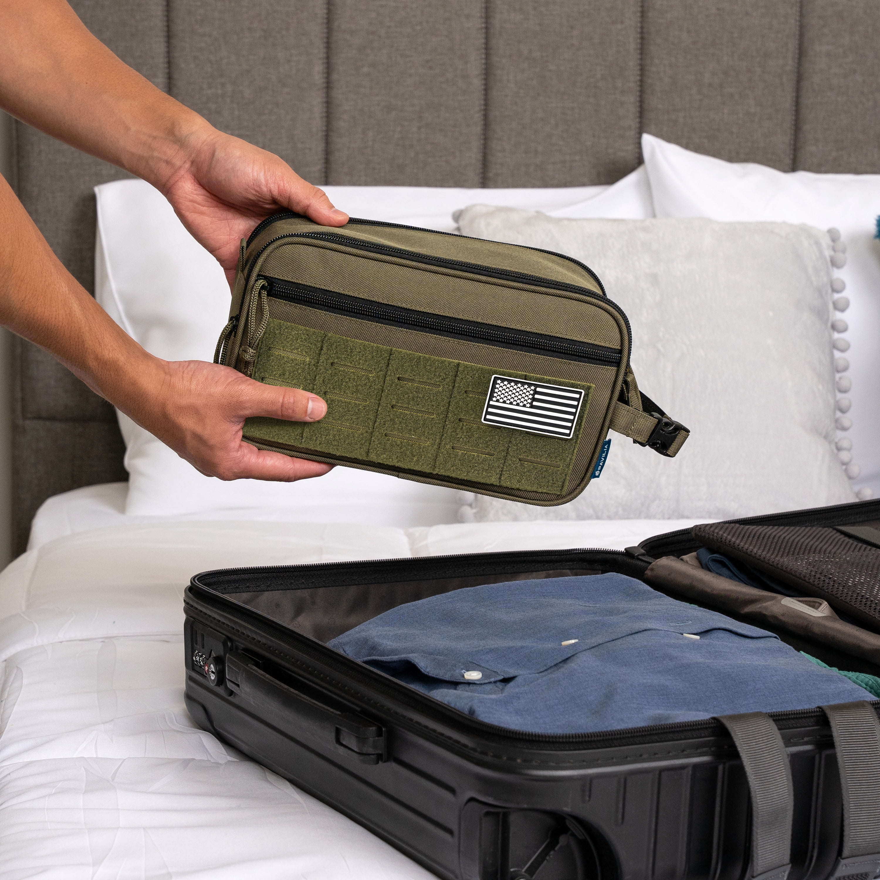 Pavilia Extra Large Tactical Toiletry Bag for Men, Hygiene Travel Bag, Military Dopp Kit, Water Resistant Molle Pouch, Mens Shaving Grooming Essentials, Bathroom Shower Small Organizer Case, Olive
