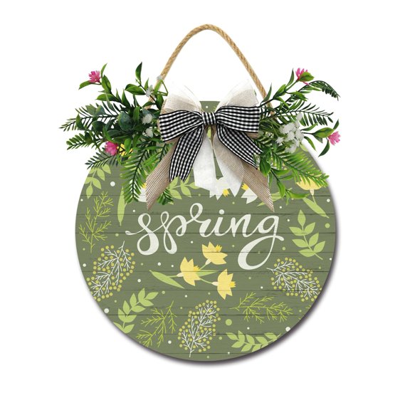 Front Door Porch Decorations Spring Door Hanging Sign 11 inch Wooden Wall Sign, Rustic Holiday Wreath Decor for Front Door Porch Home Window Wall Farmhouse Decorations
