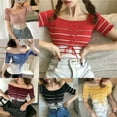 thumbnail image 3 of Women's Sexy Off The Shoulder Frill Knot Front Knit Short Sleeve Crop Top Striped T Shirt, 3 of 5