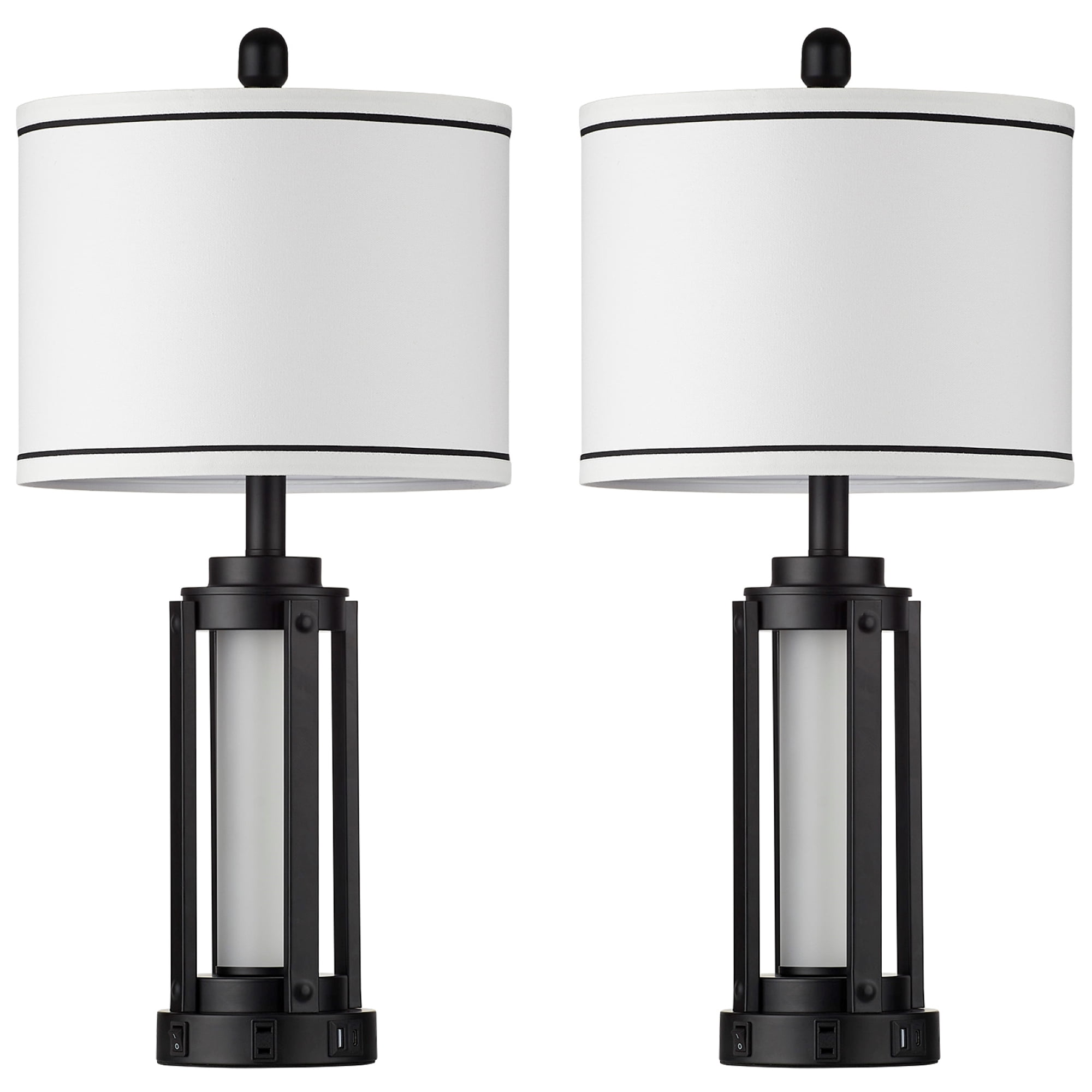 Cinkeda 25.5" Table Lamp Set of 2, Black Metal with Frosted Glass Column, USB-A and Type-C Ports with AC Outlet, Nightlight Function, Rotary Switch, E26 LED Bulb Included for Bedroom Living Room