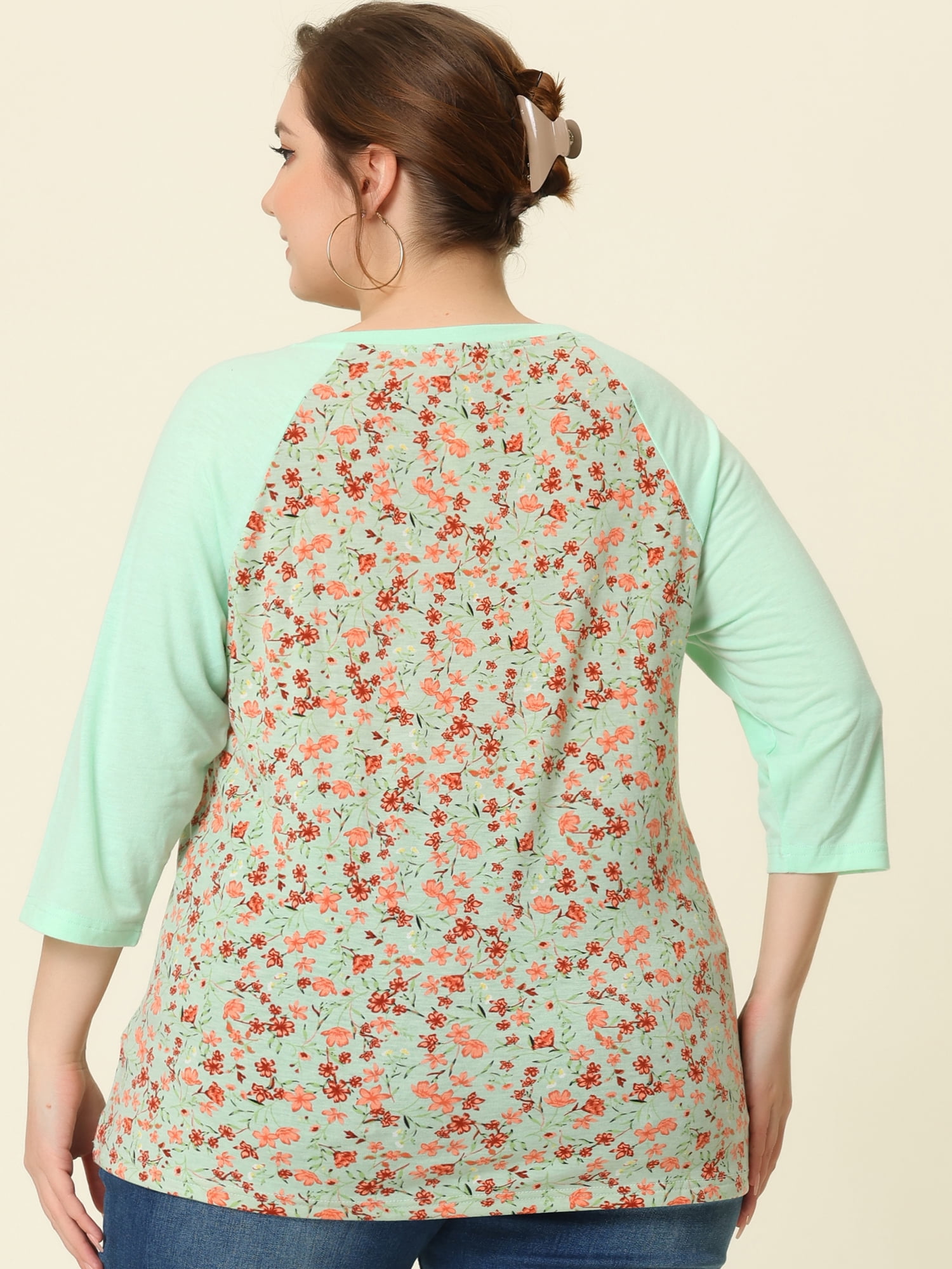DARING DIVA Women's Plus Size Raglan Crewneck 3/4 Sleeve Floral Tunic Tee 2X Green