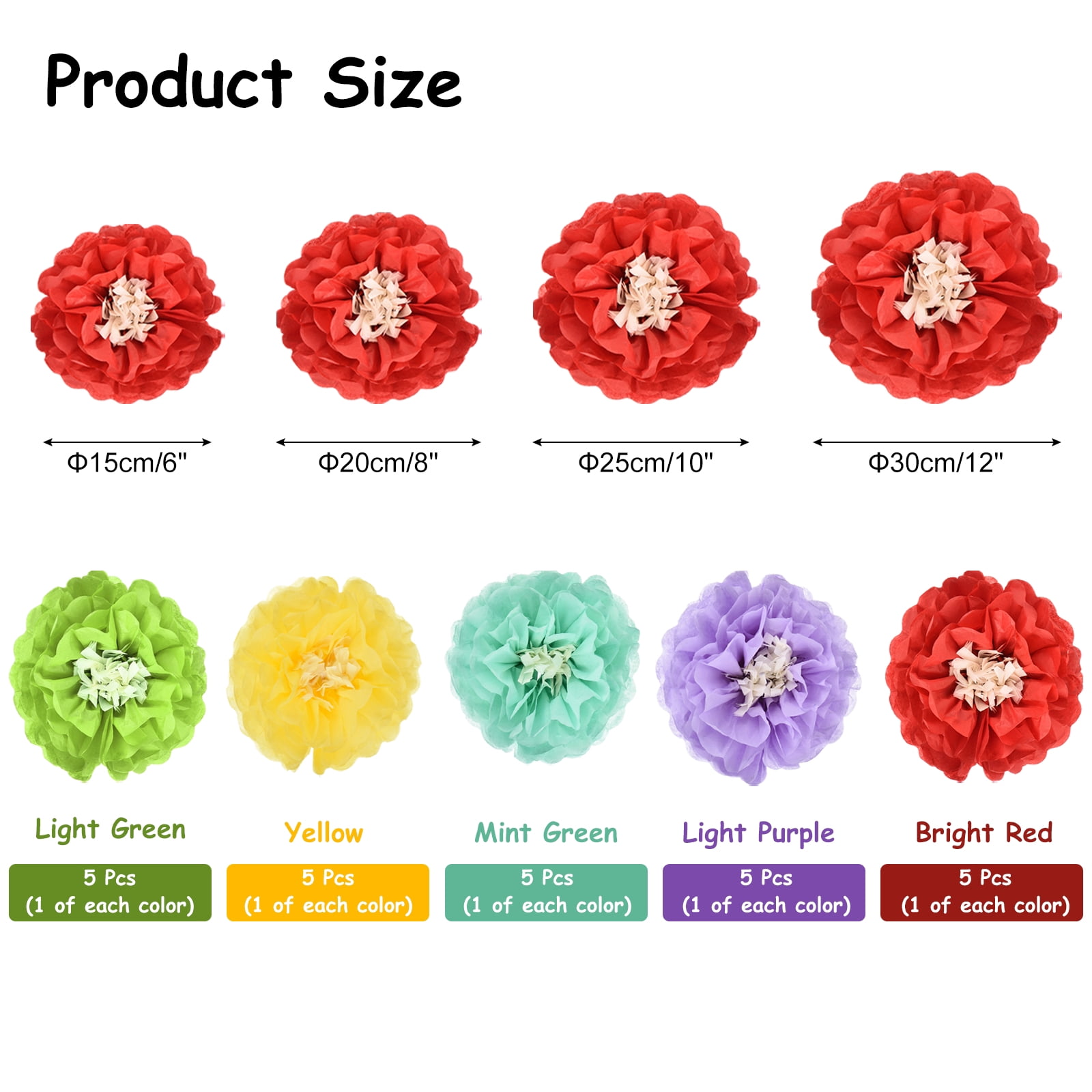 Uxcell 20 Pcs Colorful Paper Flowers, 3D Tissue Paper Pom Poms Crepe Mexican Paper Flower, [for DIY Crafting Wall Wedding Birthday Party Decorations] - 6"/8"/10"/12"