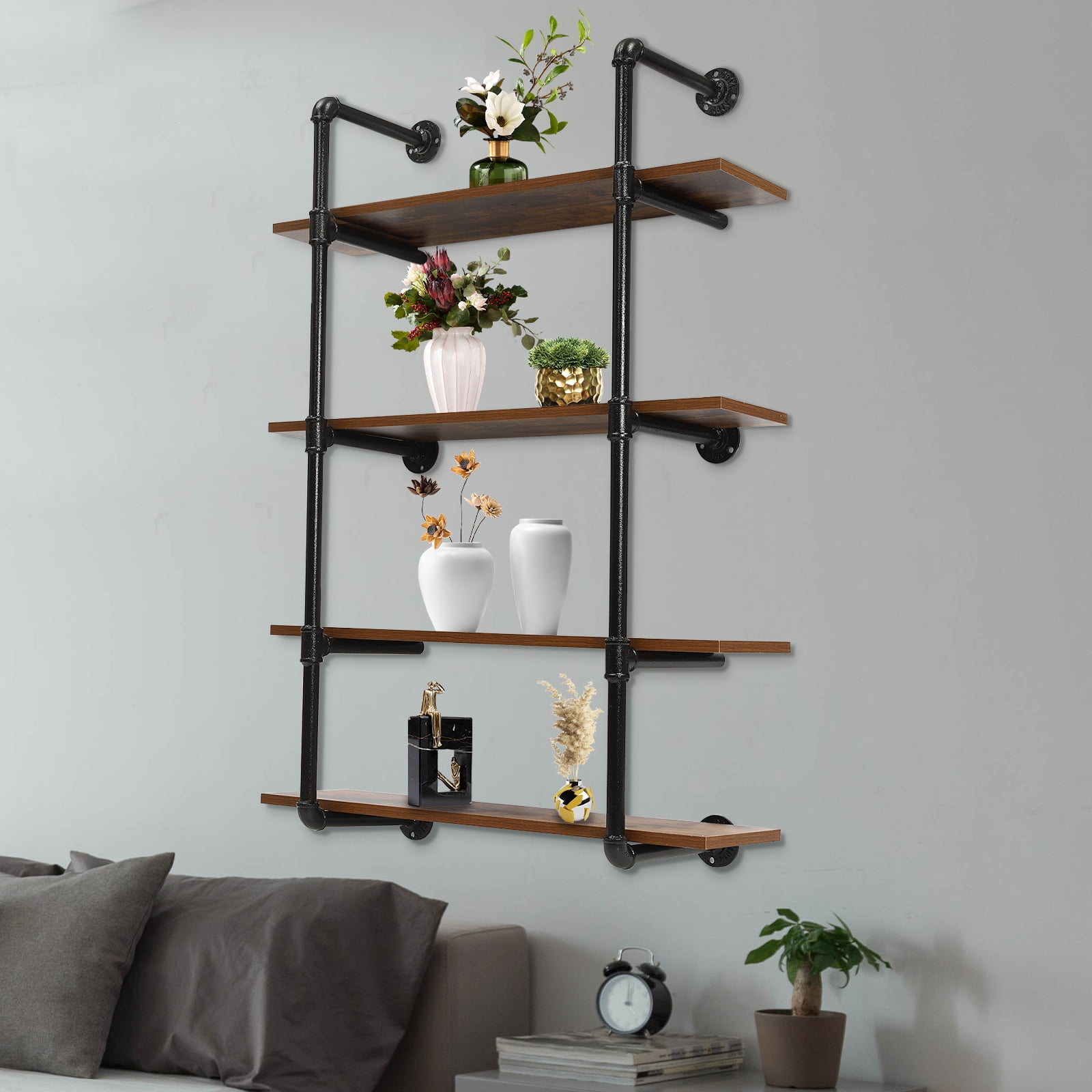 Industrial Pipe Shelving Wall Mounted 4 Tiers Metal Floating Shelves Home Office Real Wood Book Shelves