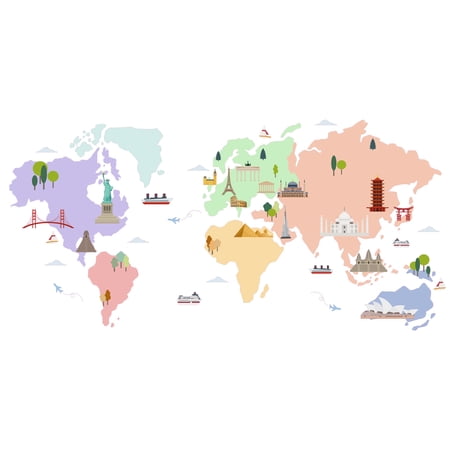 Multicolored Home Bedroom 16" x 32" World Map Countries With Famous Buildings Towers & Statues Decoration Sticker Landscape Art Design Vinyl Living Room Wall Decal