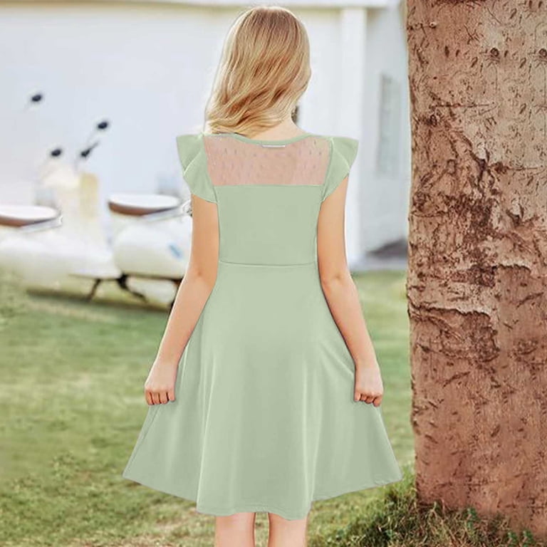 knee length dresses with cap sleeves Girls Summer Ruffle Cap Sleeve A Line Dress Formal Party Wedding Mesh Knee  Length Dresses