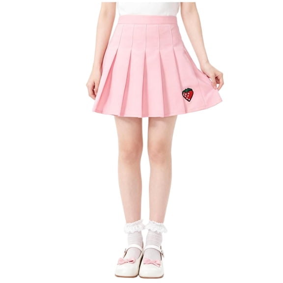 Girls School Uniform Pleated Skirts Cotton Strawberry Cute High Waist Ruffle Flare Skirt Pink, 3 Y