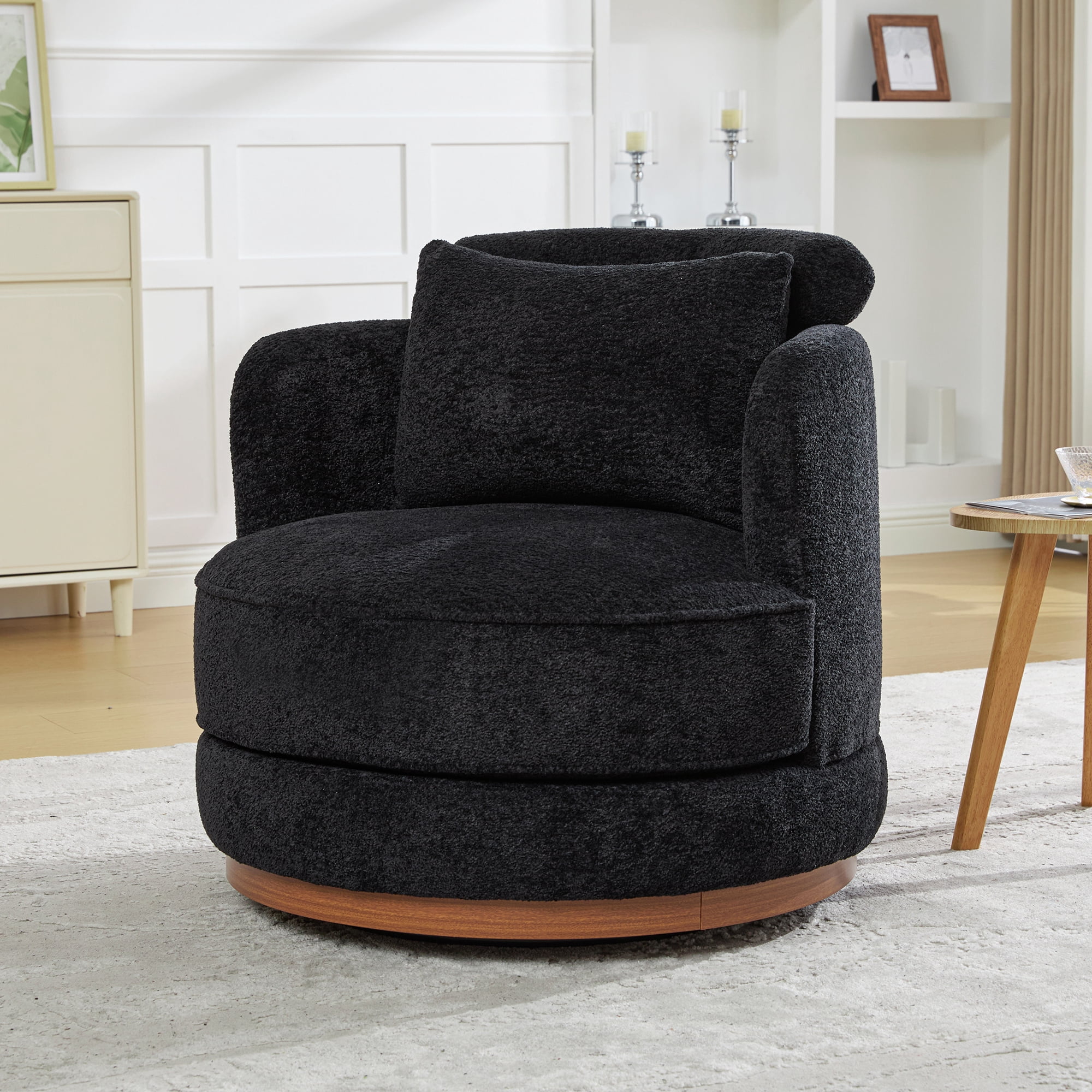 Leumius 360°Swivel Barrel Chair with 1 Plump Pillow and a Circular Wooden Base Ring, Round Chair with Removable Cushion for Living Room Bedroom Apartment,Black