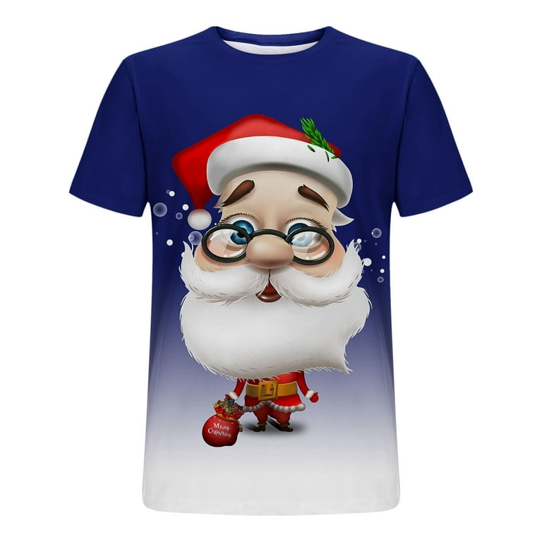 VSSSJ Men's Merry Christmas Shirts Plus Size Santa Claus Digital Print  Round Neck Short Sleeve Pullover Tops Casual Fall Winter Vacation T Shirt  Blue XXXXL 