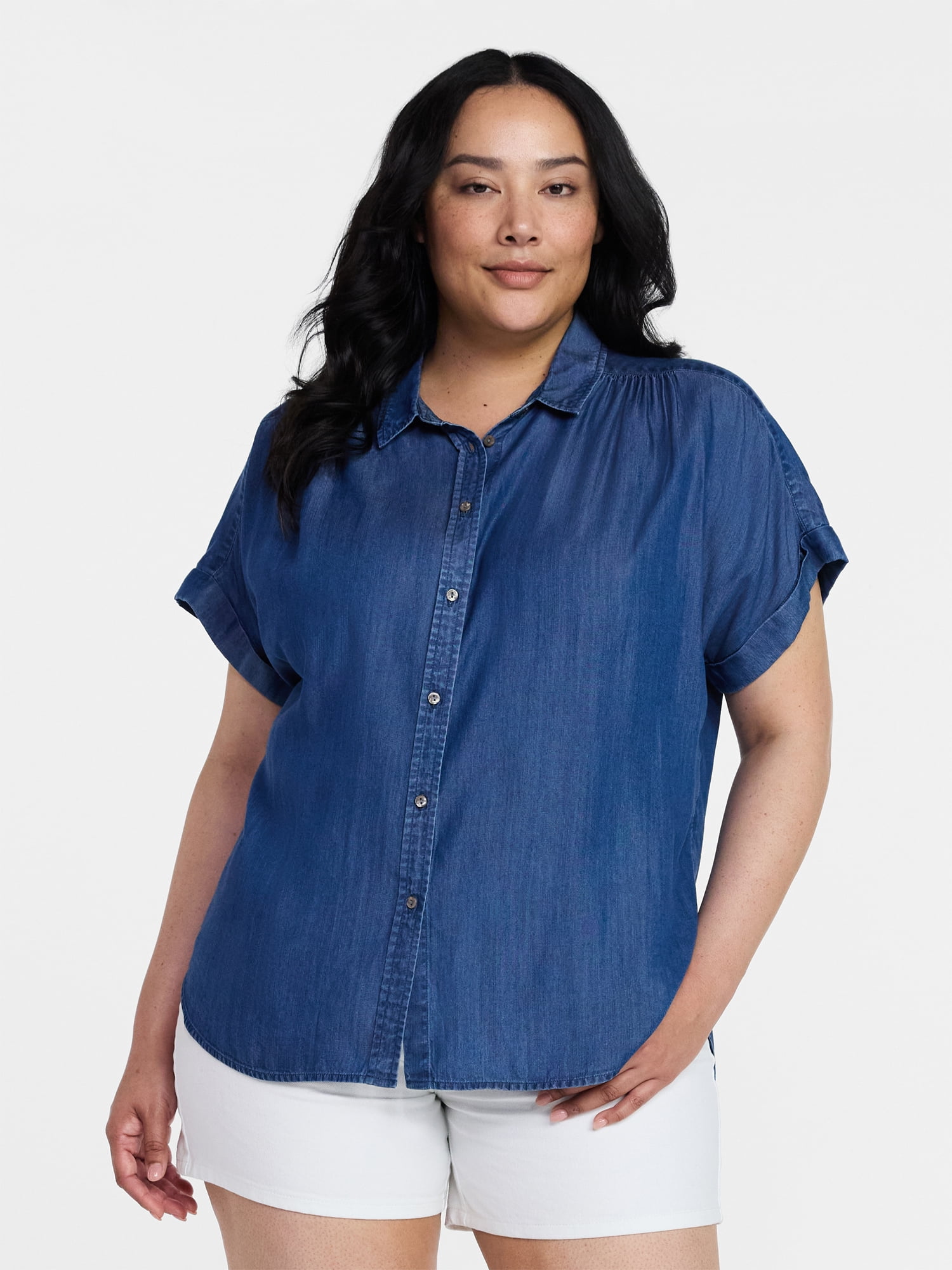 Time and Tru Women's Chambray Camp Shirt with Short Sleeves, Sizes XS-XXXL