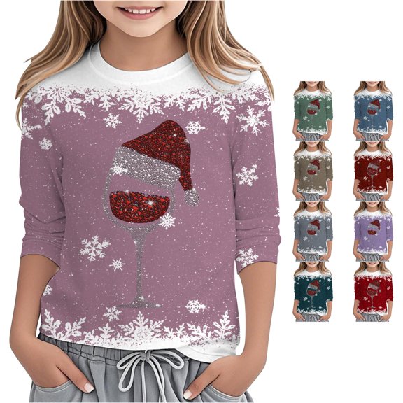 Ulitacool Tops For Girl Christmas Long Sleeve Crewneck Cartoon Prints Xmas Sweatshirt 5-6 Years Pink