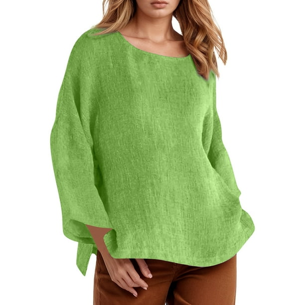 Camiseta de manga larga y cuello redondo de color liso para mujer: estilo informal y holgado, tejido de poliéster para los días más frescos.