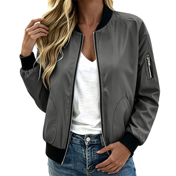EchfiProm Women Casual Zip‑Up Bomber Jacket Solid Color Long Sleeve Lightweight Windproof Outer Coat with Pockets for Spring Autumn Daily Outfits Gray S