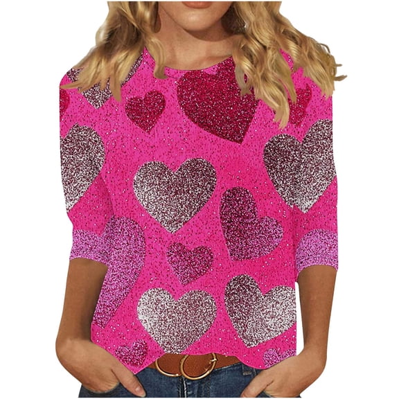 Enjoytime Blouses for Women Valentines Hearts Printed Round Neck 3/4 Sleeve Shirts Trendy Loose Casual Plus Size Womens Tops Hot Pink XXXXL