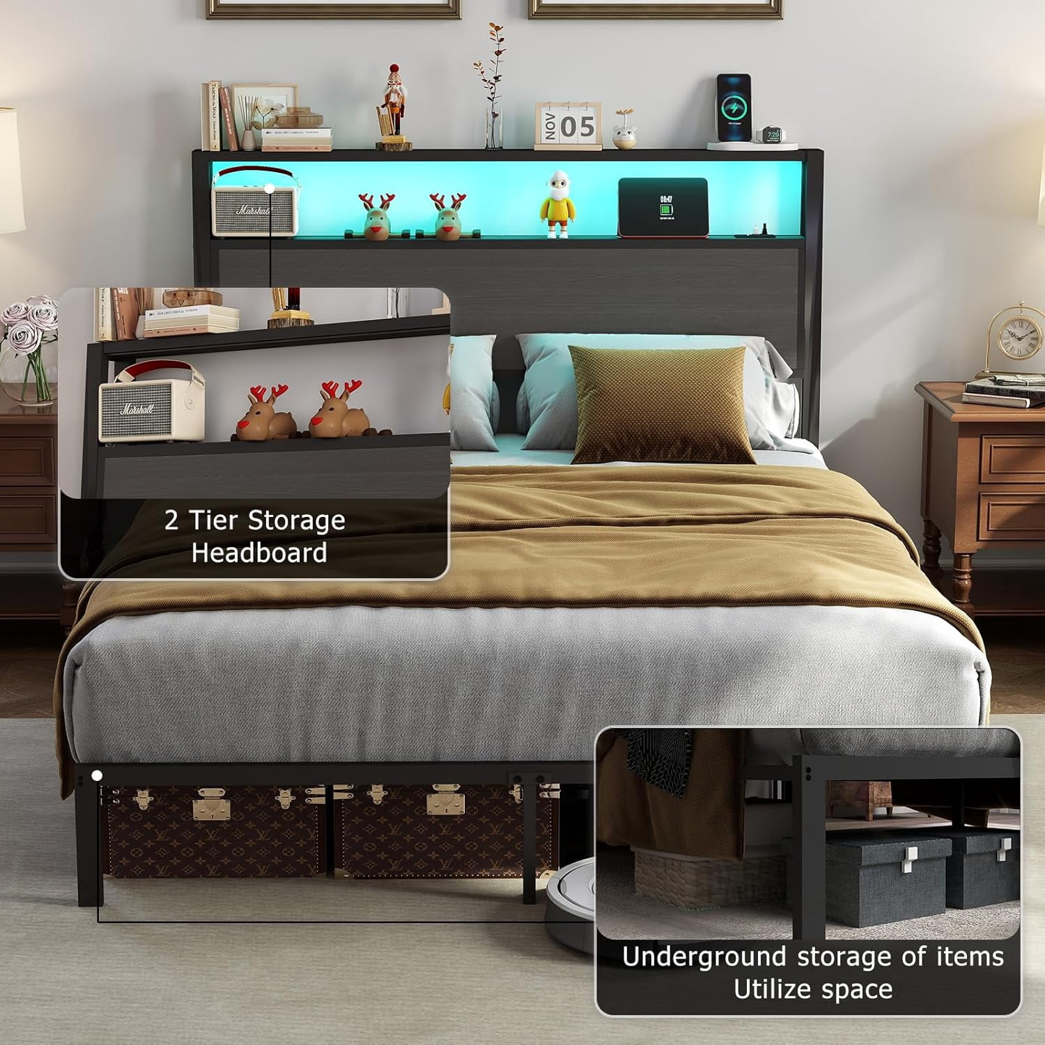 DRNANLIT Queen  Bed Metal Platform Bed Frame with LED Lights Storage Headboard＆Charging Station,Noise Free, Easy Assembly, Dark Grey