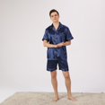 thumbnail image 3 of SWSMCLT Men's 2 Piece Pajamas Set Soft Silky Casual Sleepwear Pjs Satin Summer Thin Short Sleeve Button Down Navy White XX-Large, 3 of 4