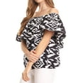 thumbnail image 4 of Sakkas Amai Off-shoulder Ruffle Ankara Wax African Dutch Casual Blouse Top - Black white/ikat - One Size Regular, 4 of 5