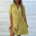 thumbnail image 3 of Ecqkame Summer Linen Dresses for Women Short Sleeve Turndown Collar Button Front Dresses Casual Loose Boho Mini Shirt Dress Yellow XXXL, 3 of 8