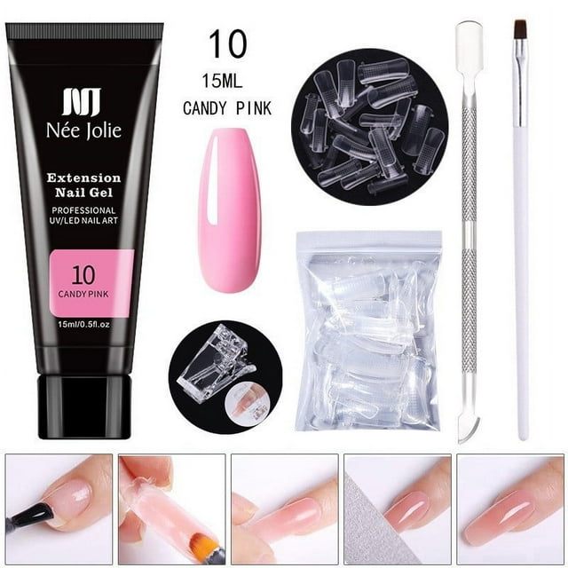 DPTALR Poly Extension Gel Nail Kit, Clear Builder Jelly Gel Nude Poly Nail Enhancement Trial All-in-One French Kit With Mini Nail For Nail Art Kit Nails 15ml