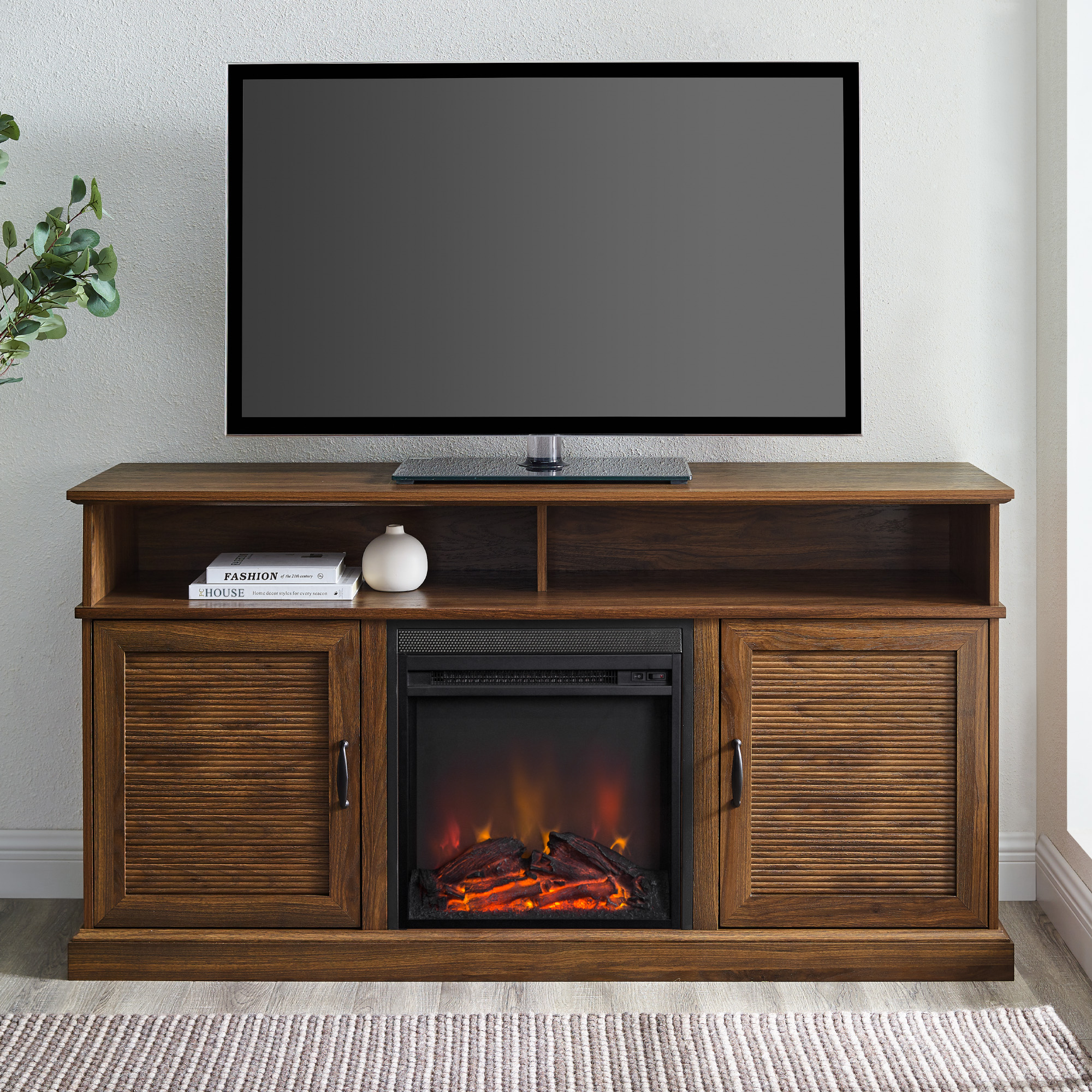 Manor Park Traditional Fluted Door Fireplace TV Stand, Dark Walnut
