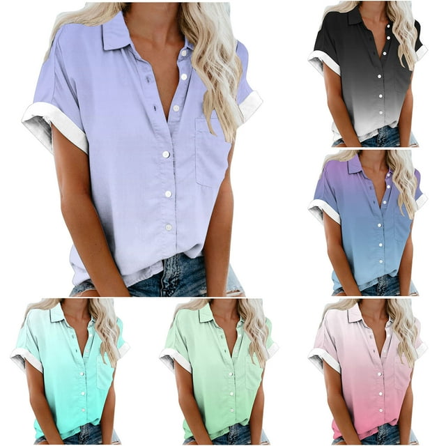 breaise Womens Short Sleeve Shirts Tie Dye Button Down Shirt V Neck Collared Tops Lightweight Work Tee with Pockets S-5XL Free Shipping